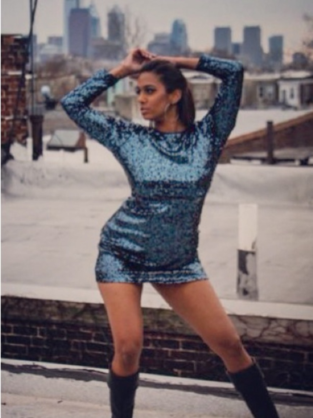 Single Teal Sequin Long-Sleeve Mini Dress